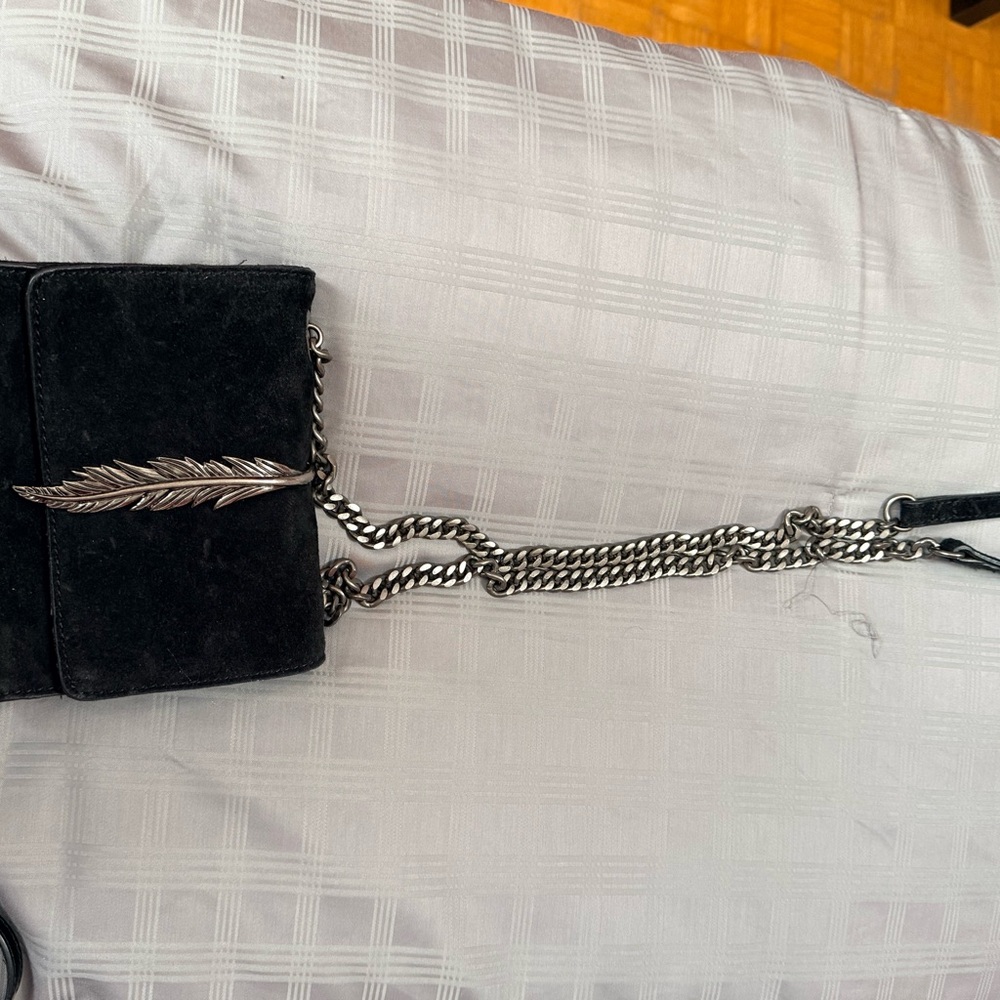 Zara Black Suede Crossbody with Silver Feather Accent